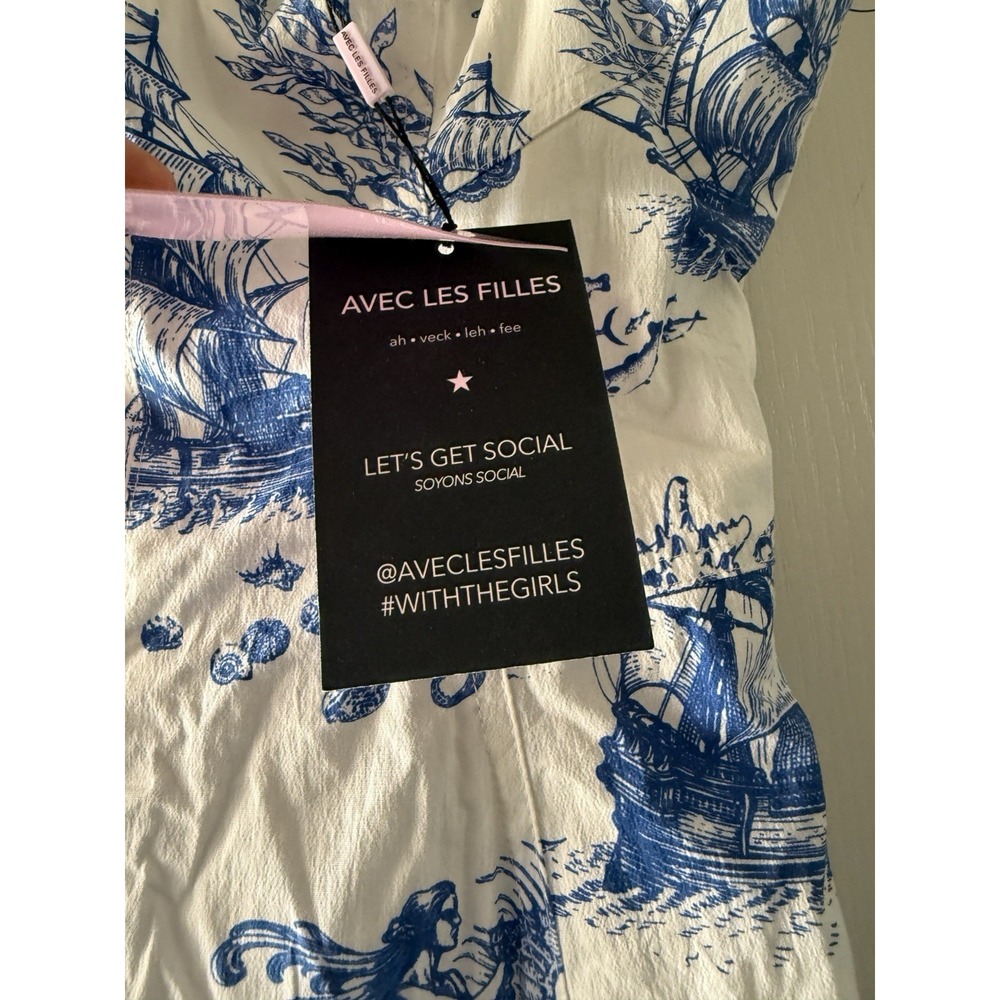 Avec Les Filles Blue White Mermaid Toile Linen Blend Midi Dress Size 8 NWT - Picture 5 of 16